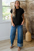 Black Solid Color Round Neck Textured Short Sleeve Sweater