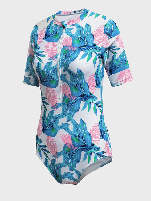 fiery-red-blue-leaves-zip-front-half-sleeve-one-piece-swimsuit