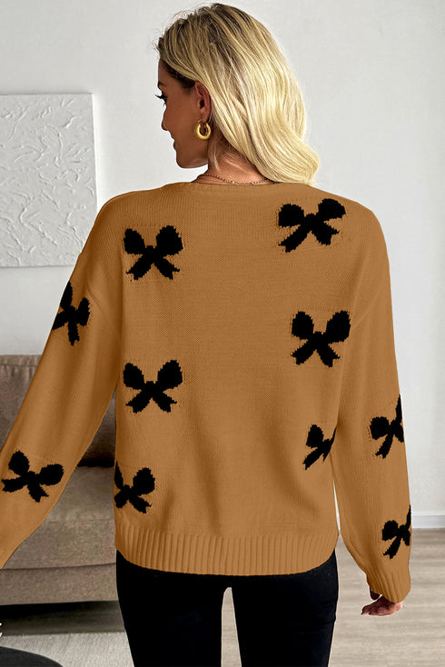 Camel Lace-up Bow Pattern Sweater Cardigan