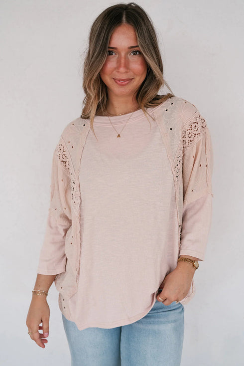 Apricot Pink Floral Lace Eyelet Patchwork Bracelet Sleeve T Shirt