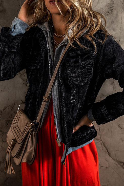 black-fake-two-piece-hooded-zip-up-denim-jacket