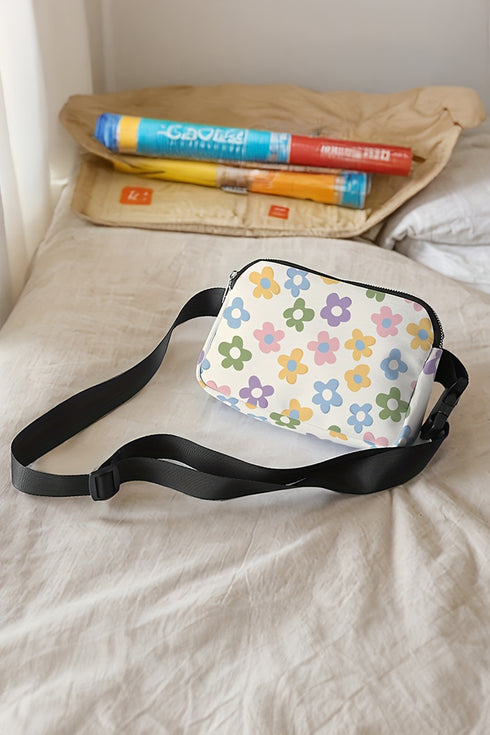 White Dainty Flower Printed Canvas Crossbody Bag