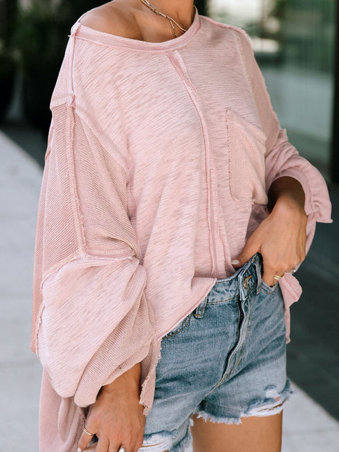 pink-exposed-seam-chest-pocket-loose-sleeve-oversized-top