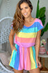 Multicolor Striped Print High Waist Short Sleeve Romper with Pockets