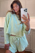 Green Gingham Long Sleeve Loose Top Drawstring Shorts 2pcs Pajama Set