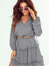 Gray V Neck Long Sleeve Ruffle Tiered Mini Dress