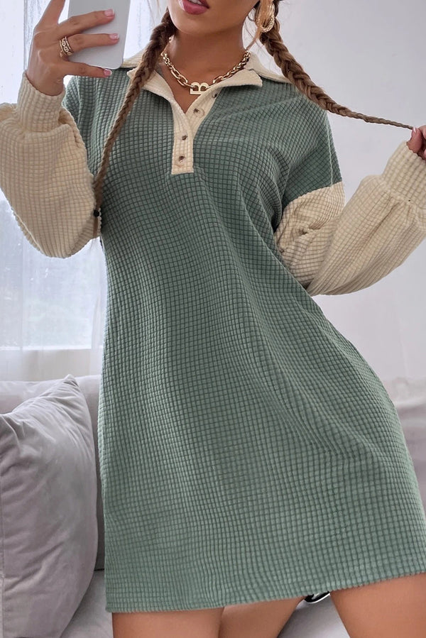 Green Bay Lattice Textured Color Block Patchwork Long Sleeve Button Collared Mini Dress
