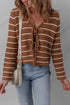 Chestnut Tie Front Striped Knit V Neck Cardigan Sweater