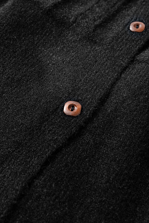 Black Solid Color Textured Detail Button Down Long Sleeve Sweater Cardigan