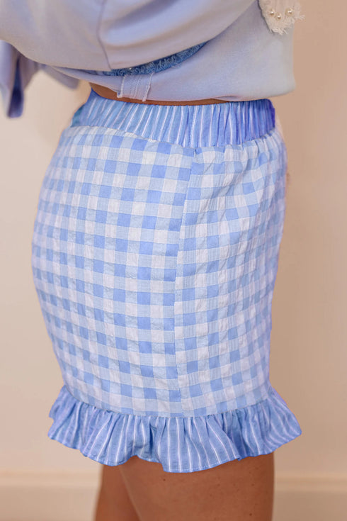Sky Blue Gingham Print Ruffle Striped Detail Lace Tie Shorts
