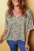 White Contrast V Neck Varsity Short Sleeve Leopard Top