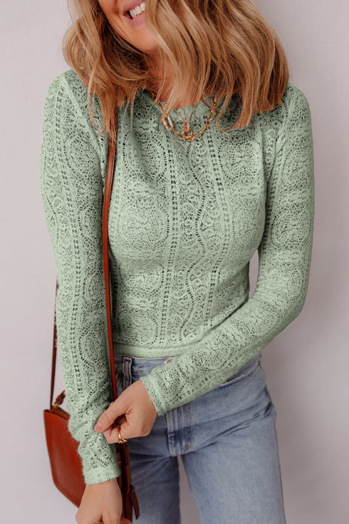 Smoke Green Semi Sheer Lace Long Sleeve Cropped Top