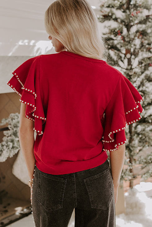 Racing Red Pearl Embellished Double Ruffle Short Sleeve Sweater