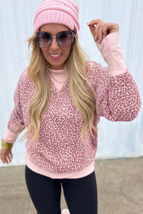 Pink Leopard Print Patchwork Crew Neck Sweatshirt