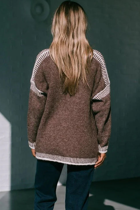 Dark Brown Contrast Striped Detail Drop Shoulder Sweater Cardigan