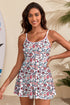 Brown Floral Print Ricrac Trim Spaghetti Strap One Piece Swim Dress