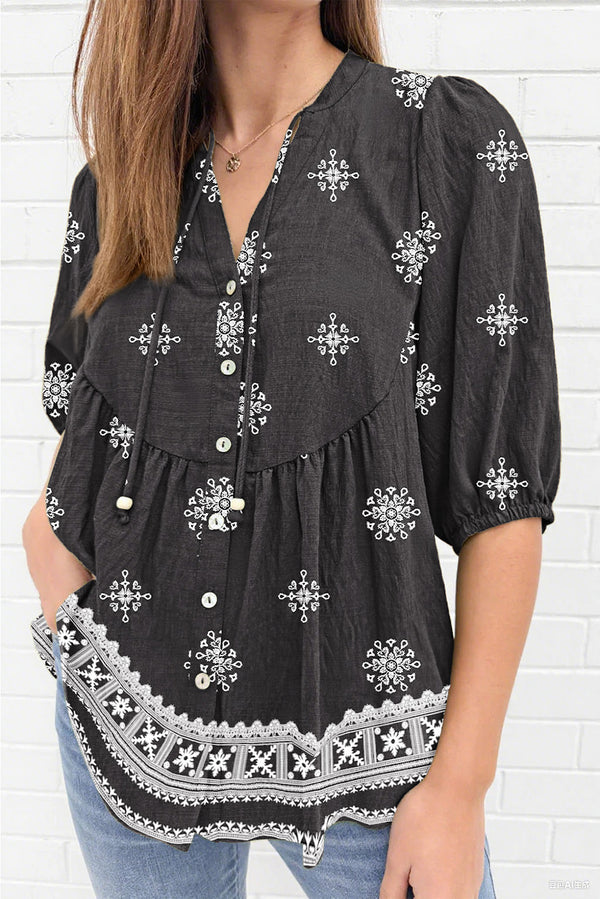 Black Floral Print Tie V Neck Button Down Puffy Half Sleeve Shirt