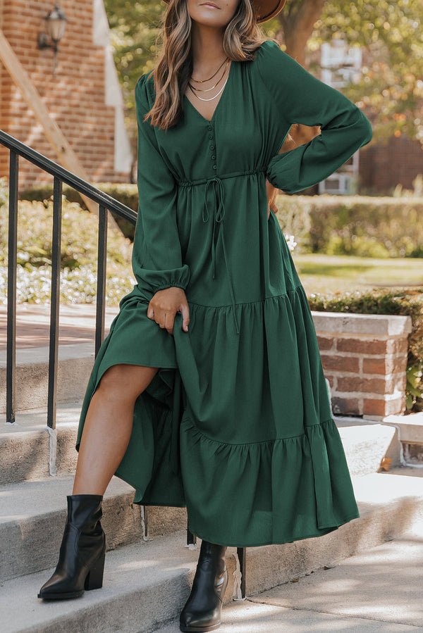 Blackish Green Solid Long Sleeve Button V Neck Tiered Maxi Dress