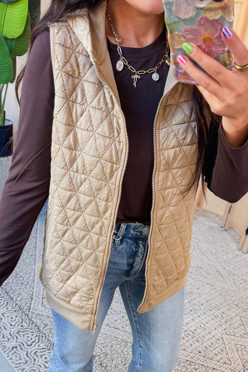 Parchment Quilted Texture Zip Up Hooded Vest