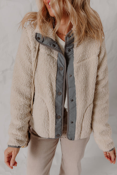 Oatmeal Fleece Sherpa Snap Buttoned Contrast Trim Winter Jacket