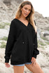 Black Oversize Waffle Drop Shoulder Exposed Seam V Neck Hoodie with Pockets
