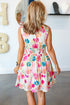 Pink Adorable Floral Print V Neck Zip Up Smocked Waist Flared Mini Dress