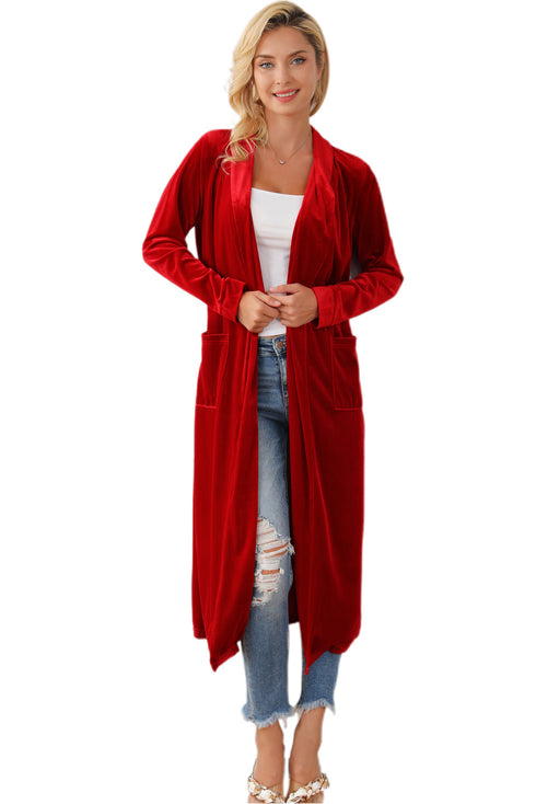 fiery-red-velvet-open-front-pocketed-long-duster