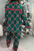 Green Coquette Bow Print Ribbon Knot Front 2pcs Long Pajama Set