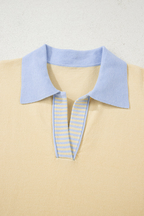 Sky Blue Stripe Contrasting Polo Collar Color Block Knit Drop Shoulder Sweater