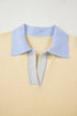 Sky Blue Stripe Contrasting Polo Collar Color Block Knit Drop Shoulder Sweater