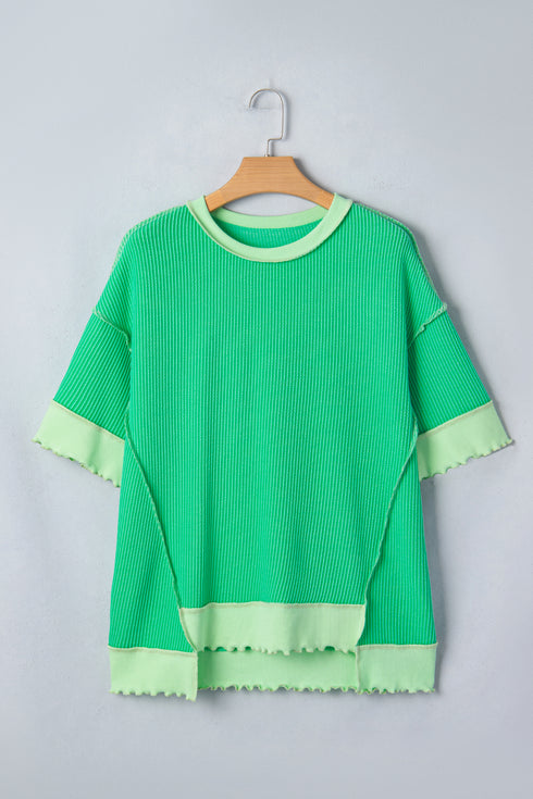 Mint Green Loose Uneven Hem Twist Ribbed T Shirt