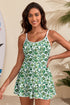 Green Floral Print Ricrac Trim Spaghetti Strap One Piece Swim Dress