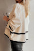 Beige Ribbed Knit Contrasted Stripe Detail Button Side Loose Sweater
