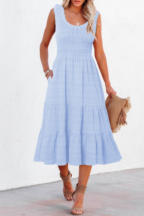Sky Blue Shirred Pleated Square Neck Sleeveless Midi Dress
