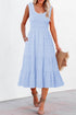 Sky Blue Shirred Pleated Square Neck Sleeveless Midi Dress