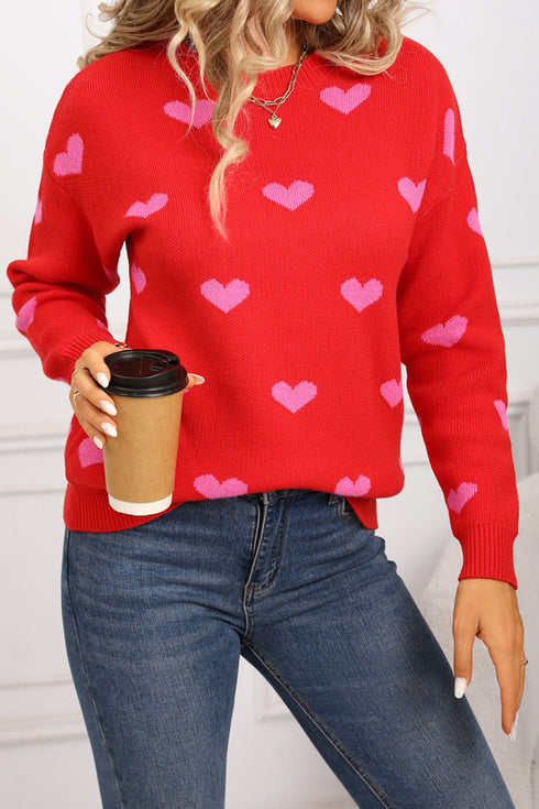 Rose Red Classic Round Neck Drop Shoulder Heart Print Sweater