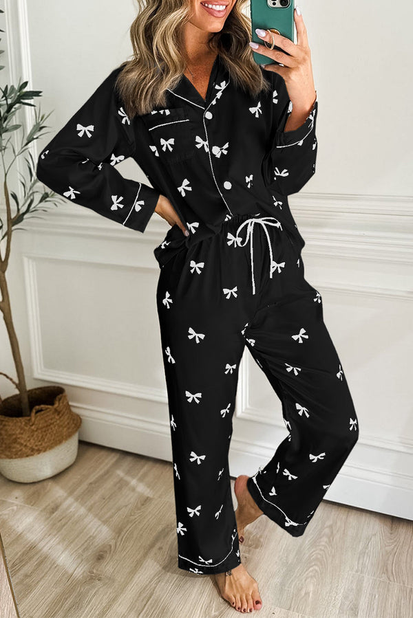 Black Bows Print Two Piece Sleepwear