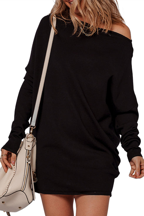 Black Asymmetric Neck Batwing Sleeve Shift Mini Sweater Dress