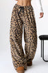 Brown Contrast Ribbon Bow Decor Leopard Print Plush Wide Leg Pants