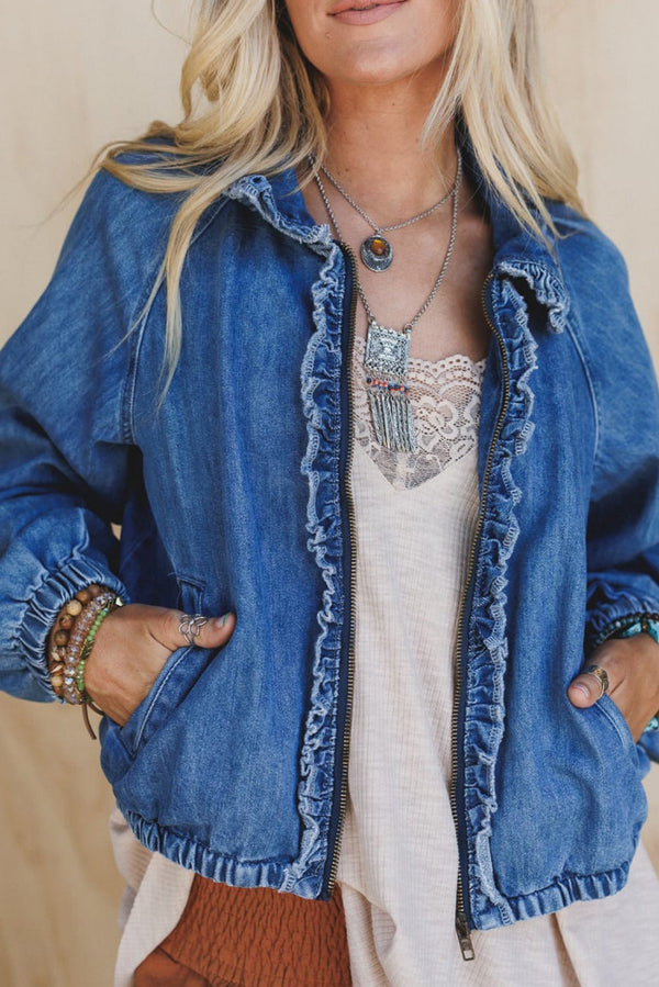 Real Teal Frilled Trim Zip Up Elastic Cuffed Denim Jacket