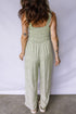Green Smocked Bodice Square Neck Sleeveless Floral Jumpsuit