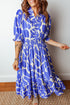 Sky Blue Abstract Print Smocked Waist Puff Half Sleeve Maxi Dress