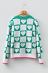 Sea Green Plaid Heart Knit V Neck Button Down Sweater Cardigan