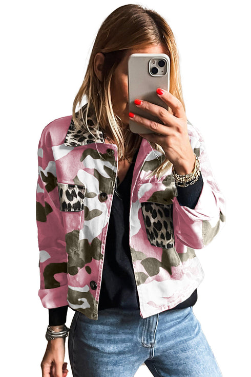 Pink Camo Leopard Patchwork Flap Pocket Crop Jacket
