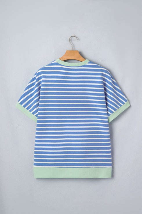 Sky Blue Stripe Contrast Trim Loose Short Sleeve Top