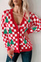 Red Checkered Christmas Tree Pattern Button V Neck Cardigan Sweater