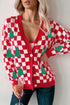 Red Checkered Christmas Tree Pattern Button V Neck Cardigan Sweater