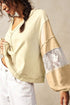 Yellow Cream Exposed Seam Color Block Lace Patchwork Long Sleeve V Neck Loose Top