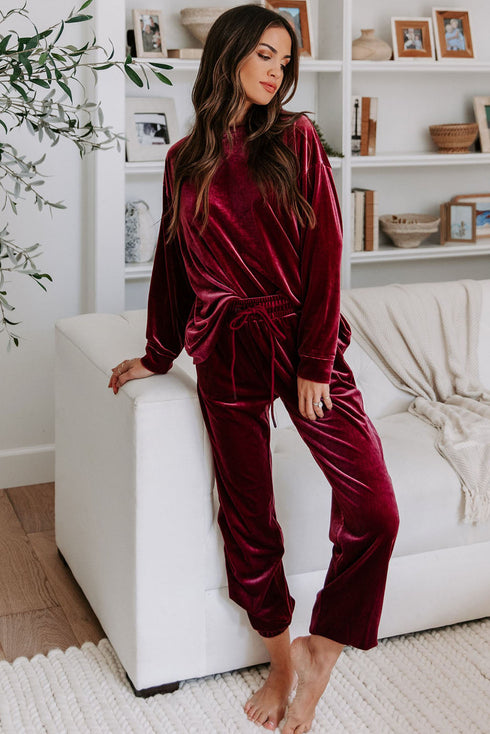 fiery-red-solid-velvet-two-piece-lounge-set