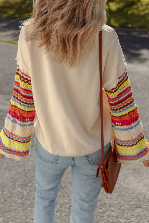 Beige Round Neck Colorful Knit Sleeve Patchwork Top